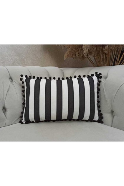 Double Sided Black Striped Patterned Pompom Rectangular Throw Pillow Cover