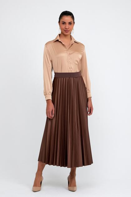Beriza Women's Milky Brown Color Pleated Skirt with Elastic Waist