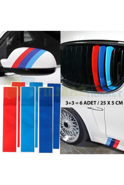 Bmw M Ayna Şerit Ön Izgara Marşpiyel Sticker Yapıştırma Logo 6 Adet 25 X 5 Cm (3+3 6 Adet)