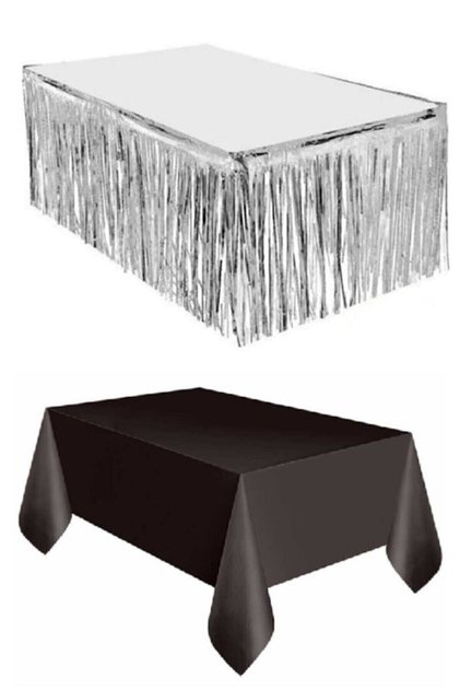 Silver Metalized Table Skirt and Plastic Black Tablecloth