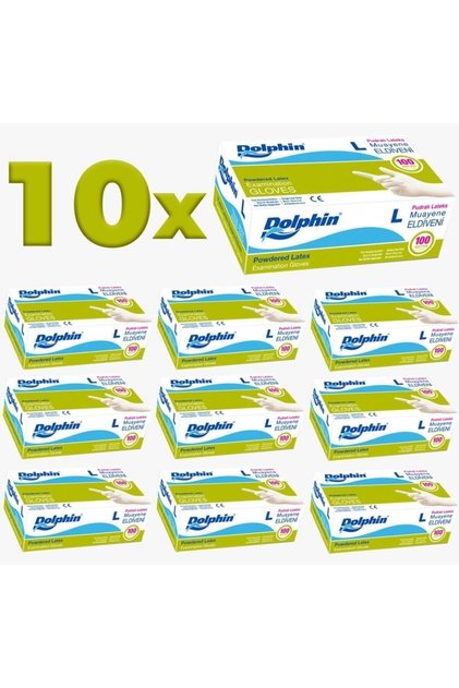 Dolphın Pudralı Latex Eldıven 10 Paket 100'lü L Beden Emektoptan