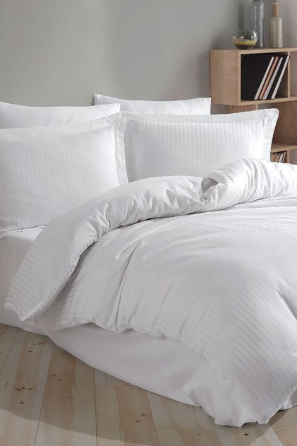 Striped Satin Double Jacquard Duvet Cover Set - White