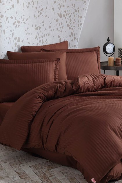 Striped Satin Double Jacquard Duvet Cover Set - Brown