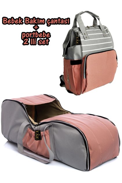 Gri Pembe Anne Bebek Bakım Çantası + Portbebe Ana Kucağı Puset Ikili Set Çizgili