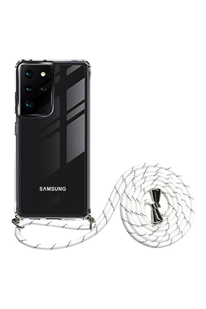 جراب سيليكون شفاف متوافق مع هاتف Galaxy S21 Ultra مع شريط أسود أبيض وحزام للرقبة