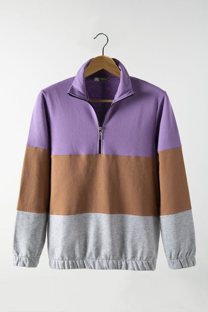 Unisex Mor Kahverengi Üç Bloklu Yarım Fermuarlı Rahat Kalıp Trend Model Sweatshirt