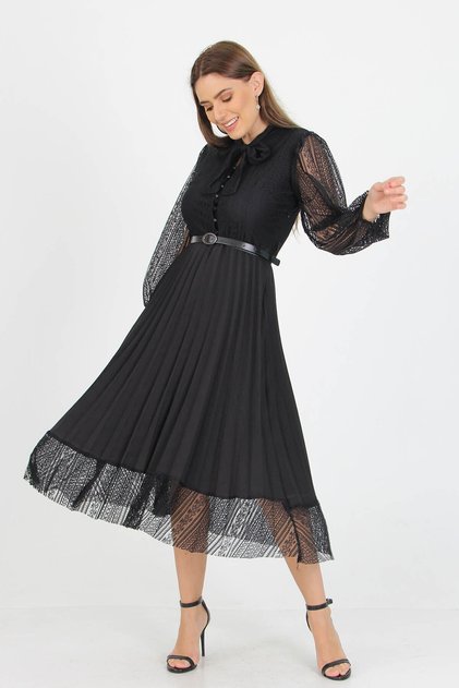 Women's Collared Belted Lace Dress with Tie-Detail Apcx41