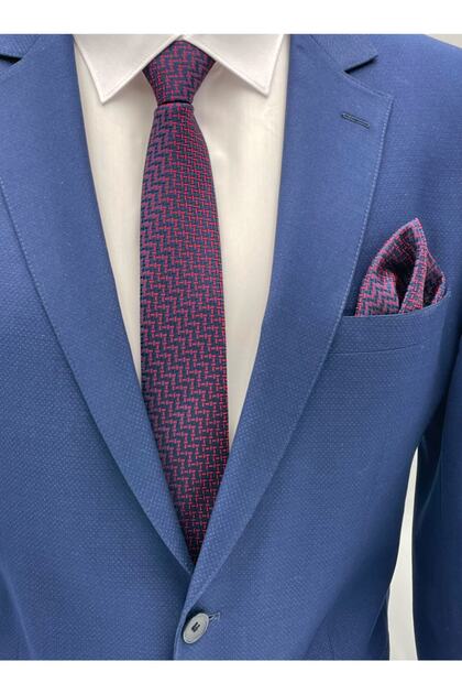 Red Navy Blue Patterned Tie Handkerchief Set