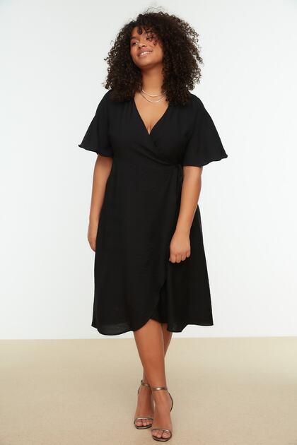 Trendyol Curve Black Plain Wrap Midi Woven Plus Size Dress TBBSS22EL1564-  Trendyol