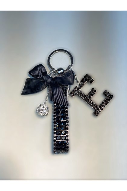 Black Baguette Black Meter Light Keychain Black Letter E Silver Tiny Ball Black Ribbon