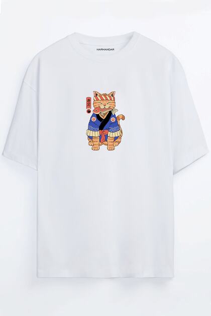 ? Anime Cat Printed Unisex White Oversize T-shirt