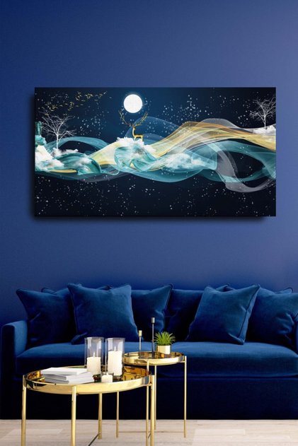 Dekoratif Soyut Altın Geyik Sürreal Kanvas Duvar Tablosu 120x60cm Büyük Boy Tablo
