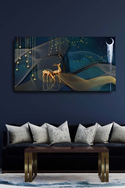 Dekoratif Soyut Altın Geyik Ve Kuşlar Sürreal Kanvas Duvar Tablosu 120x60cm Büyük Boy Tablo