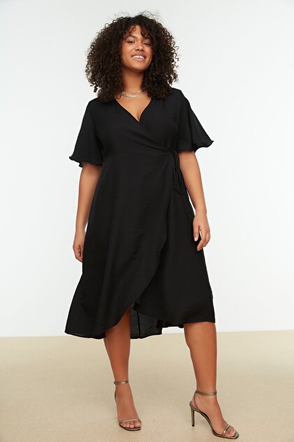 Trendyol Curve Black Plain Wrap Midi Woven Plus Size Dress TBBSS22EL1564-  Trendyol