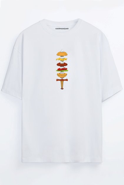 Sword Skewer Burger Printed Unisex White Oversize T-shirt