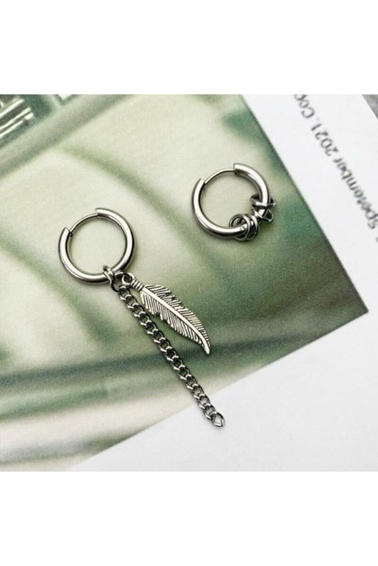 Silver Color Feather Detailed Dangle Hoop Earrings | Unisex 316L Surgical Steel
