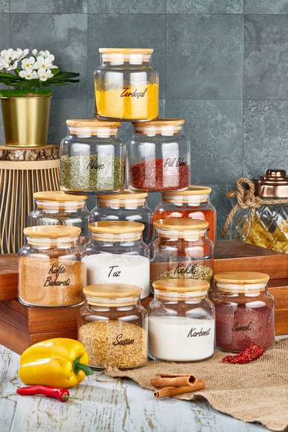12'li Lüx 500 ml Etiketli Kapaklı Cam Kavanoz Saklama Kabı Baharatlık Seti