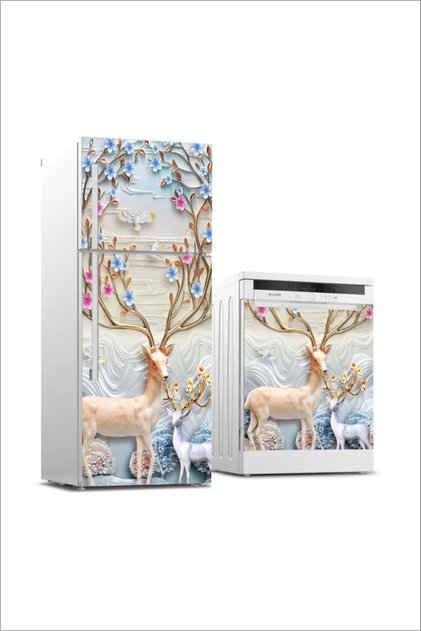 Refrigerator And Dishwasher Door Covering Deer And Her Cub Adhesive Sticker Foil Coating