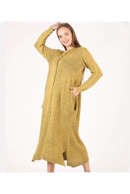 Authentic Knitwear Large Size Hidden Pocket Detailed Patterned Washed Mustard 100% Mercerized Cotton Dress