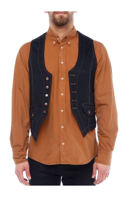 Men's Black Slim Fit Metal Button Denim Jeans Vest 6002-1002