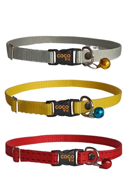 Cat Collar with Bell Set of 3 20-37 Cm Gray Yellow Red