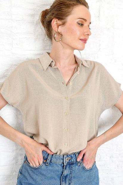Trend Alaçatı Stili Kadın Bej Kısa Kol Keten Gömlek ALC-X4211 - 1