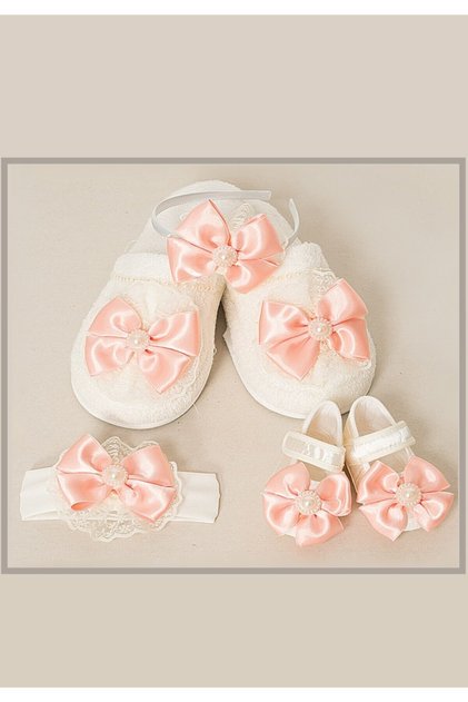 Powder Bow Mother Baby Slippers and Crown Set