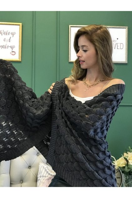 Ajurlu Koyu Gri Triko Omuz Şalı