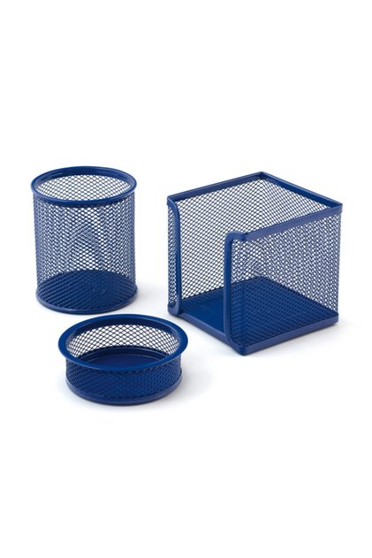 Blue Perforated A Top Metal Triple Set Pen Holder Attache Cube Block Desk Organizer