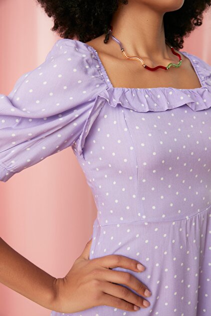 Trendyol Collection Lilac A-line Ruffle Polka Dot Midi Woven Dress TWOSS21EL0511- Trendyol Trendyol Collection Lilac A-line Ruffle Polka Dot Midi Woven Dress TWOSS21EL0511- Trendyol