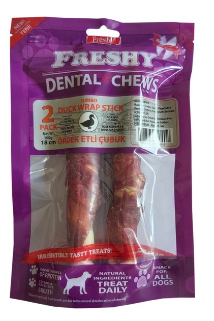 Ördek Eti Kaplı Jumbo Çubuk - 2’li Paket – 18 Santim – 100 Gram - Beyaz Dental Deri Çiğnenti