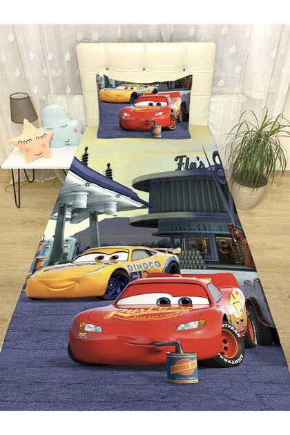 Red And Yellow Car Patterned Bedspread And Pillow