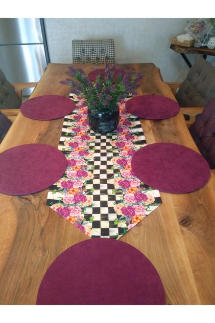 Placemat Set 6 Purple Color Plate, Checkered (Mackenzie Flower Pattern) Runner.