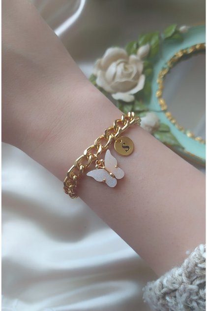 White Butterfly Bracelet with S Letter