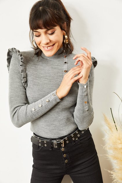Women's Gray Frilly Button Detailed Waist Top Knitwear Sweater KZK-19000263
