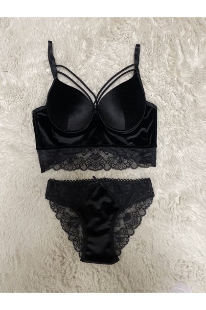 Women's Padded Velvet String Suit Black