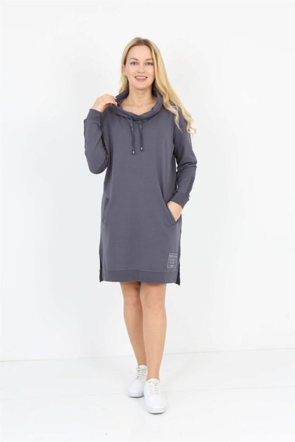 Dark Gray Stand Collar Long Sleeve Tunic Dress with Pockets / Bmc-001