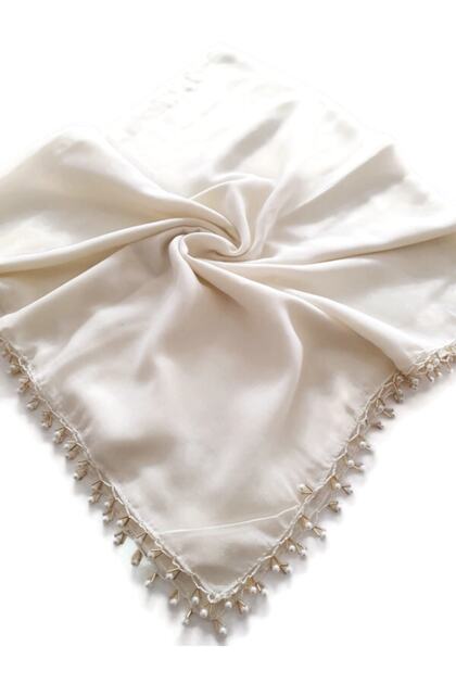 Pearl Beaded Gold Hand Embroidered Scarf Writing 100x100cm