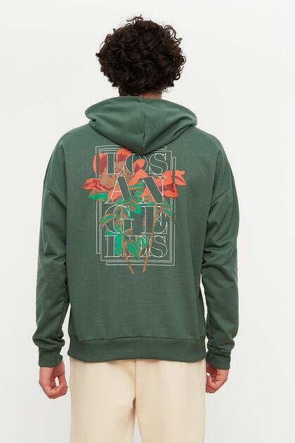 Green Oversized /Wide Cut Hooded Flower Printed Sweatshirt Tmnaw22Sw0155