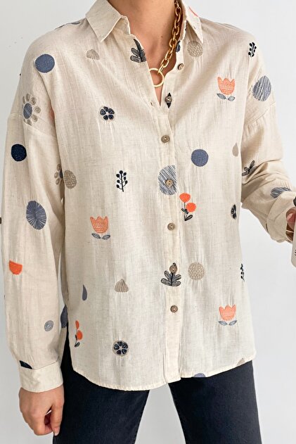 Women's Embroidery Folded Sleeve Linen Cotton Shirt