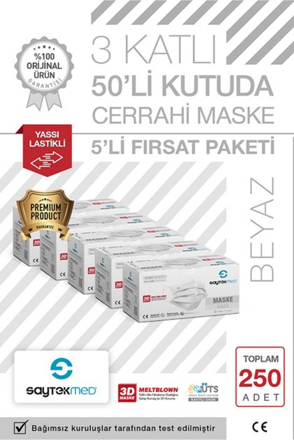 Meltblown Filtreli, 3 Katlı Yassı Ipli, Beyaz Cerrahi Maske (5 KUTU/250 ADET)