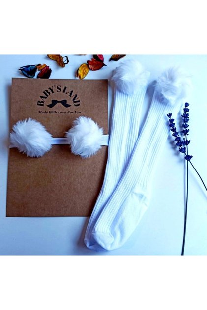 Baby Girl/socks White Pompom Rubber Bandana and White Pompom Socks Set