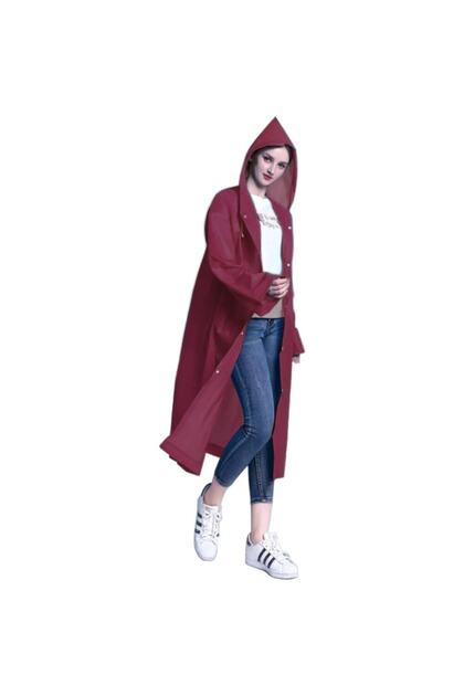 Women's Men's Raincoat Hooded Eva Claret Red Raincoat with Snap Fasteners