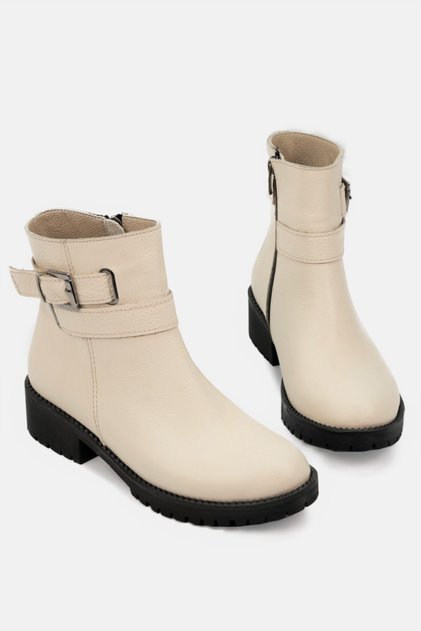 Kadın Bej Hakiki Deri Bot & Bootie