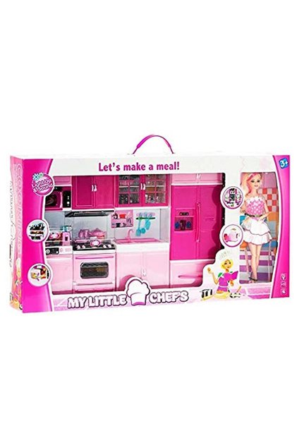 My Lıttle Chefs 4'lü Eklemli Et Bebek ve Mutfak Seti Pembe