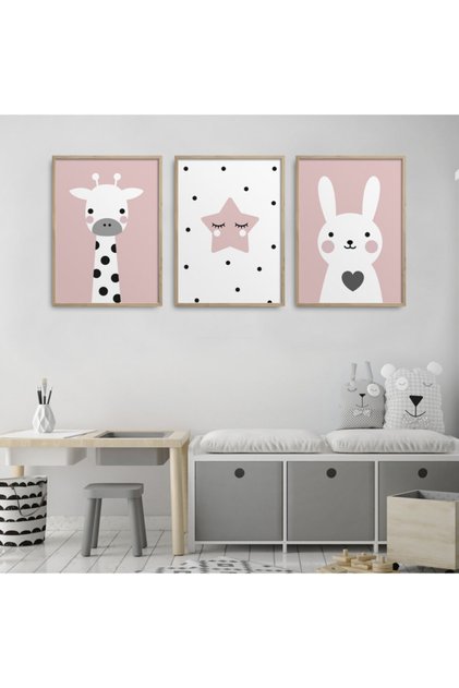 Natural Wooden Framed Children's Room 3-Piece Painting Set Kids-A14