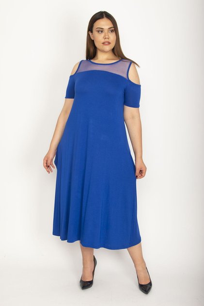 Women's Large Size Cobalt Blue Roba Mesh Detailed Viscose Dress 65n24231