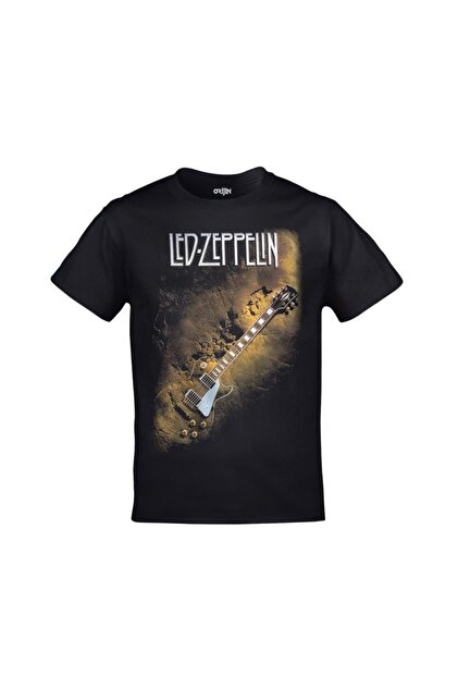 Genel Markalar Unisex Siyah Led Zeppelin Gitar Baskılı Tshirt