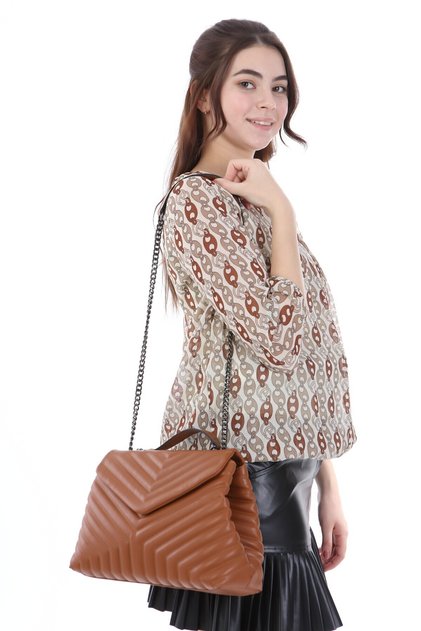 Women's Tan Quilted Cut Design Chain Strap Bag