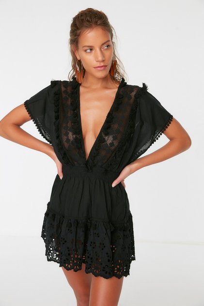 Mini rochie de plajă bumbac 100% cu broderie neagră TBESS21EL1248